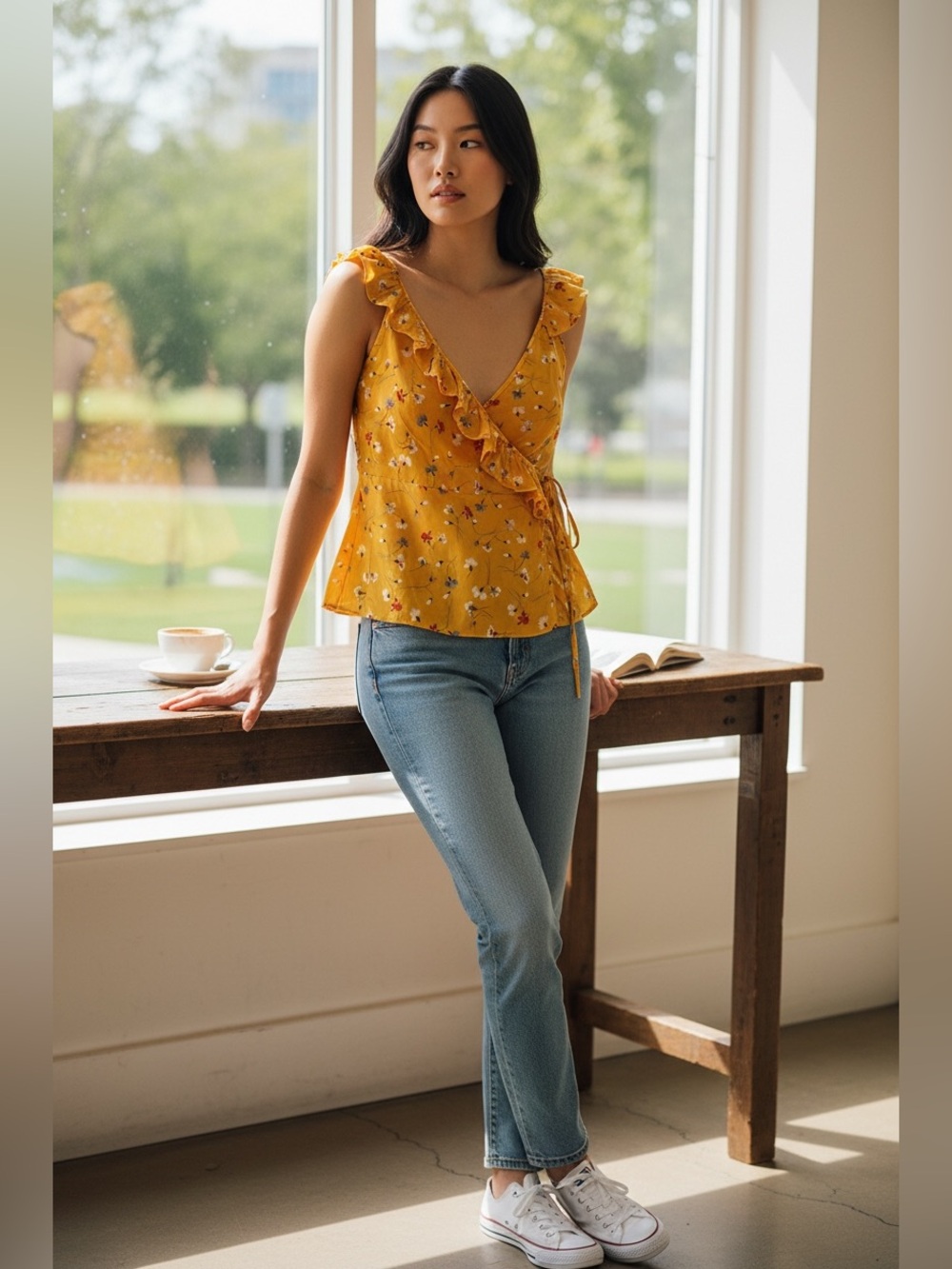 Madewell Mustard Yellow Floral 100% Silk Ruffle Wrap Top Size 2